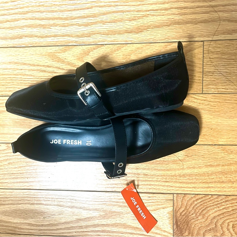 NWT Joe Fresh Black Mesh Mary-Jane Ballet Flats with Buckle - Picture 2 of 3